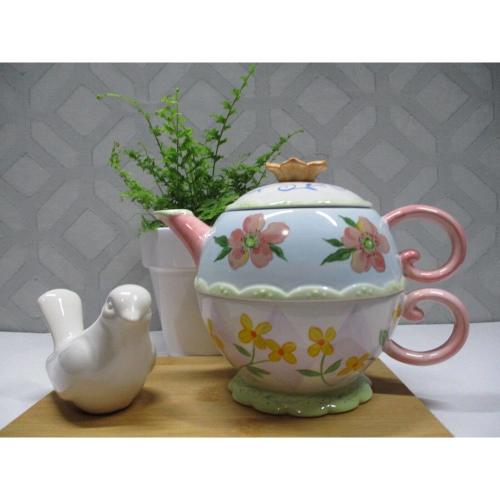 Avon Stacked Ceramic Tea Pot Cup & Lid Set Fairy Tale Spring Easter Decor